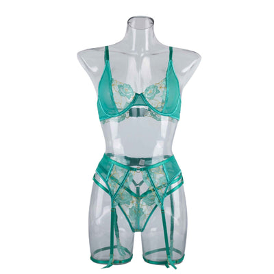 Teal women's fashion bra set with floral embroidery, including an underwire bra, thong, and garter belt. - Image 7
