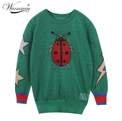 Suéter de Seda Dorado para Mujer con Patrón de Mariquita, Mariposa y Estrella - Image 6