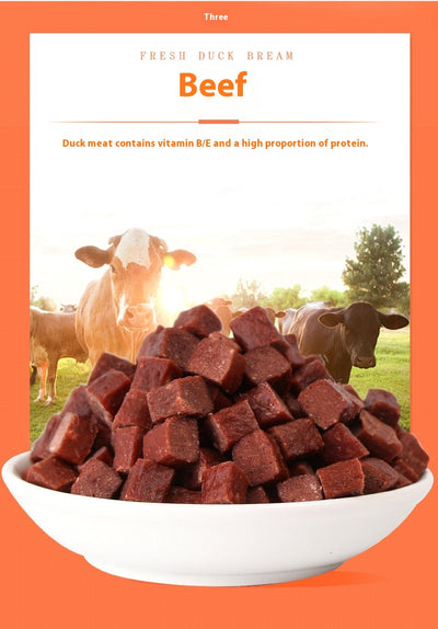 Three varieties of dog treats: dried beef cubes, seaweed beef dices, and chicken cubes, for training and rewards. - Image 9