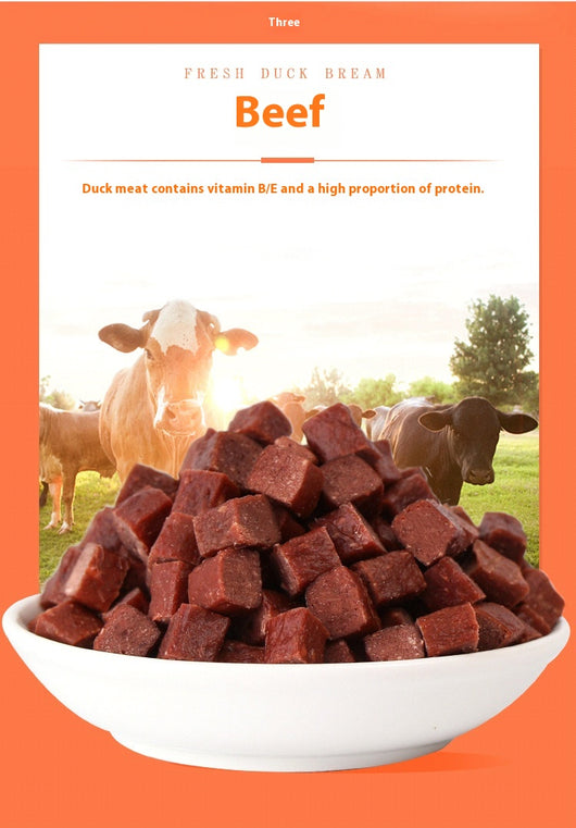 Three varieties of dog treats: dried beef cubes, seaweed beef dices, and chicken cubes, for training and rewards. - Image 9