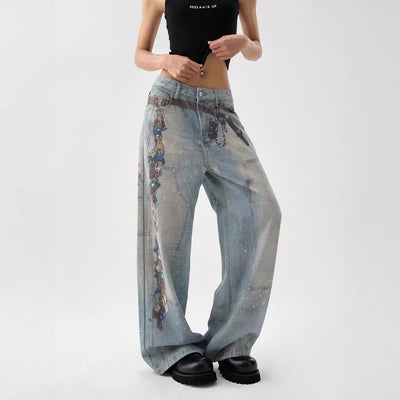 Pantalones Anchos Estilo Retro Americano con Estampado 3D Lavado - Image 4