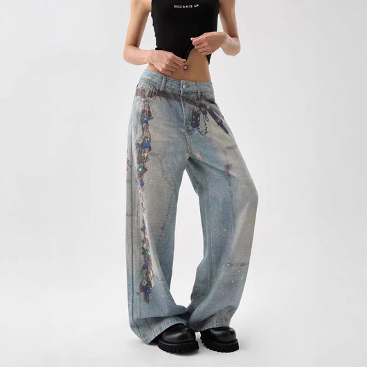 Pantalones Anchos Estilo Retro Americano con Estampado 3D Lavado - Image 4