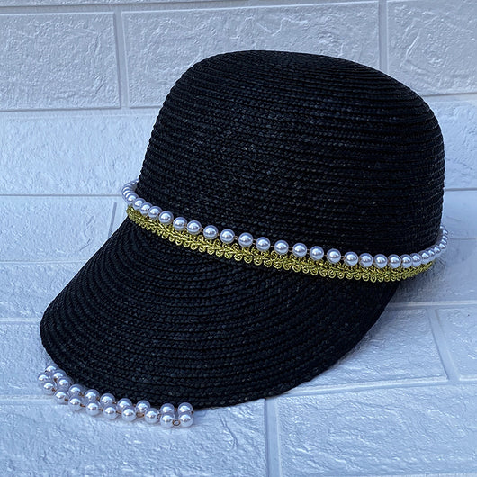 Sombrero de Paja Negro con Cadena de Perlas Artesanal - Image 12