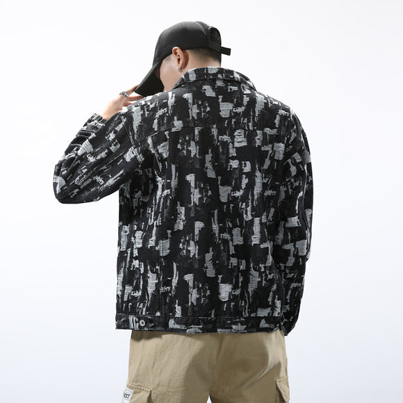 Chaqueta Denim Jacquard para Hombre Estilo Retro Japonés con Detalles Rotos
