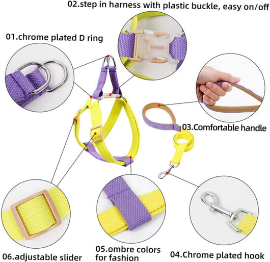 Yellow and purple no-pull dog harness with adjustable nylon straps, plastic buckles, and metal D-rings. - Image 7