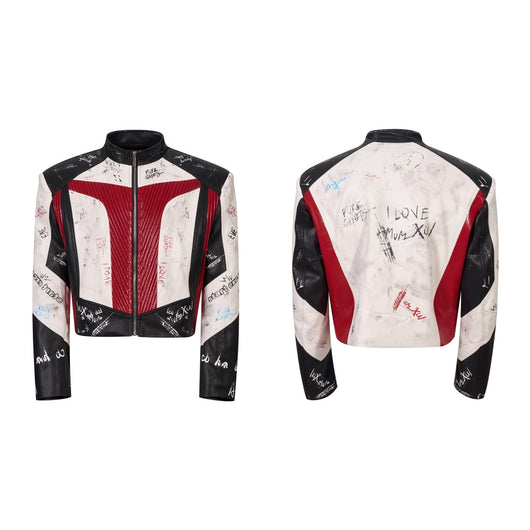 Chaqueta de Cuero Estilo Graffiti con Cuello Elevado para Hombre - Image 6