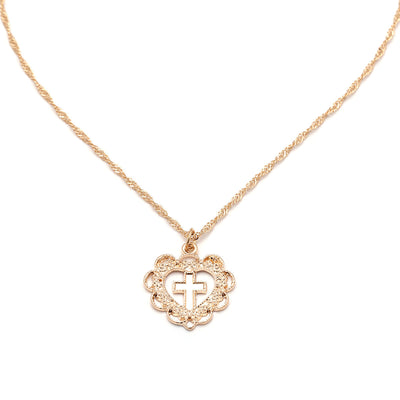 Collar Colgante de Corazón y Cruz en Tono Durazno