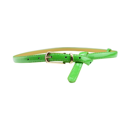 White patent leather women's belt with a slim strap and a gold-tone rectangular pin buckle. - Image 9