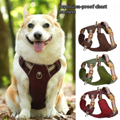Brown leather pet harness with reflective stripes, adjustable tan buckles, and a gold D-ring on a white background. - Image 3