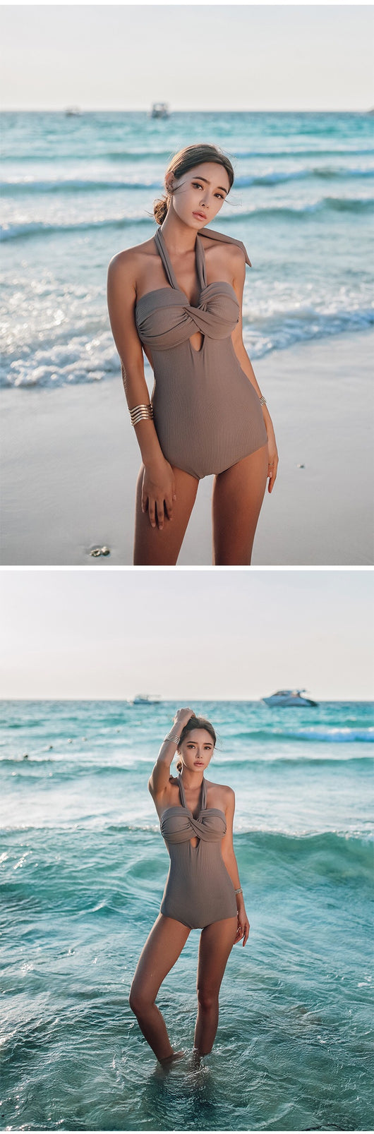 Woman wearing a taupe ribbed one-piece swimsuit with a halter neckline and twisted bust detail on a sandy beach. - Image 14