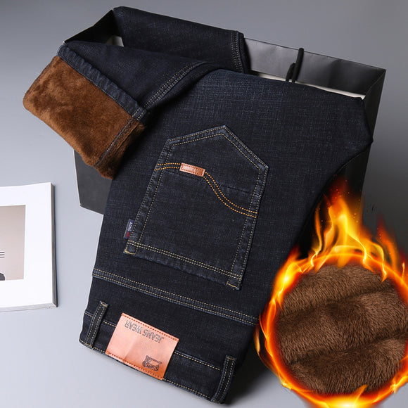 Pantalones Vaqueros Talla Grande Invierno Hombre Fleece Forrado Corte Recto