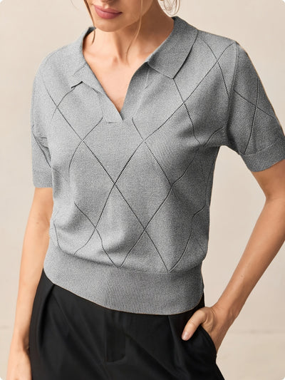 Suéter Cuello Alto Punto Diamante Manga Corta para Mujer - Image 16