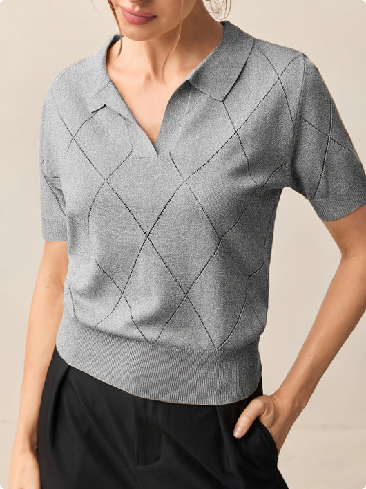 Suéter Cuello Alto Punto Diamante Manga Corta para Mujer - Image 16