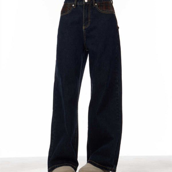 Jeans Retro Patchwork Cuadros Azules para Mujer Corte Recto y Holgado