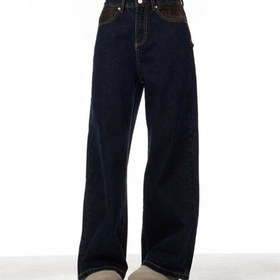 Jeans Retro Patchwork Cuadros Azules para Mujer Corte Recto y Holgado