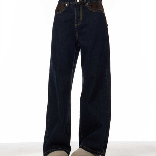 Jeans Retro Patchwork Cuadros Azules para Mujer Corte Recto y Holgado