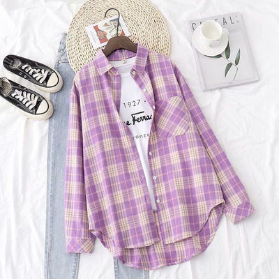 Blusa Retro Cuadros Oversized Manga Larga Casual Mujer - Image 13