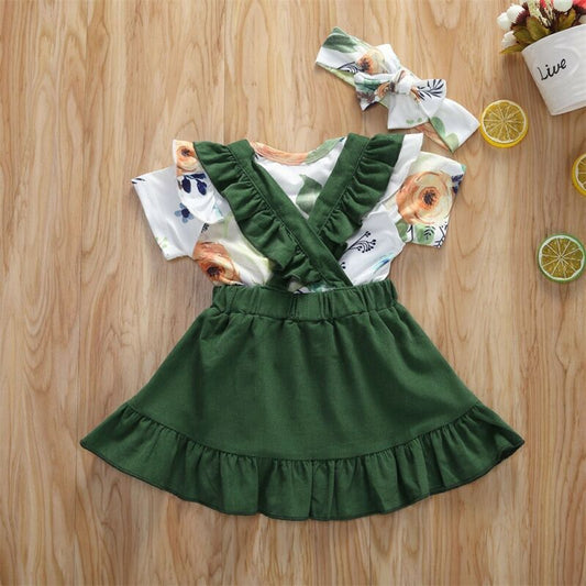 Conjunto de 3 Piezas: Blusa Floral Manga Corta, Falda con Tirantes y Diadema - Image 2