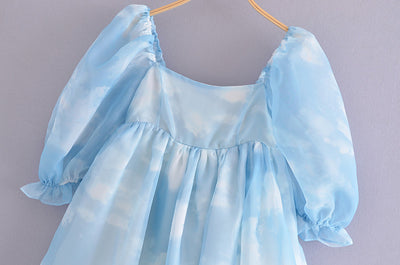 Vestido Azul Cielo con Mangas Abullonadas y Estampado Nube para Mujer - Image 7
