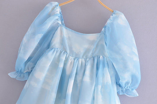 Vestido Azul Cielo con Mangas Abullonadas y Estampado Nube para Mujer - Image 7