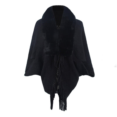 Capa Abrigo Tejida con Cuello de Piel y Borlas para Mujer - Image 8