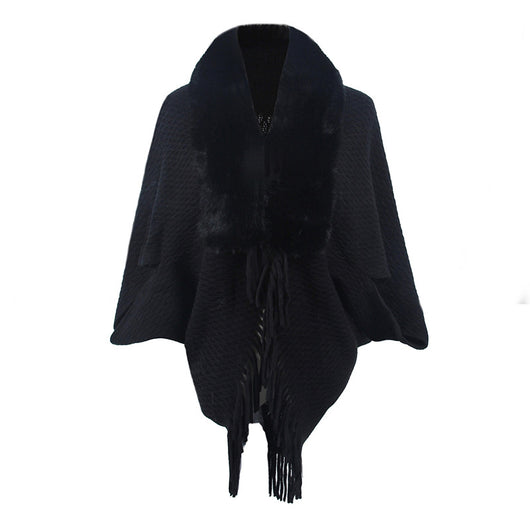 Capa Abrigo Tejida con Cuello de Piel y Borlas para Mujer - Image 8