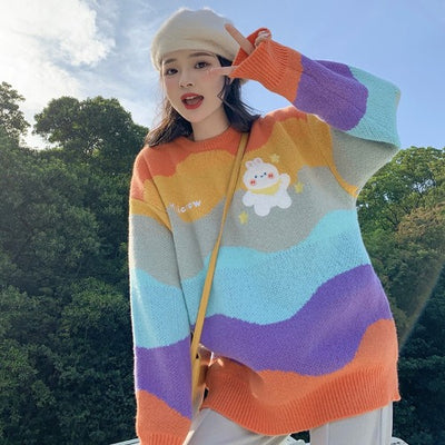 Suéter Pullover de Rayas Arcoíris Grueso para Mujer - Image 9