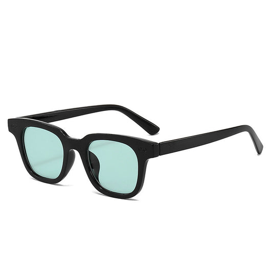 Black frame square sunglasses with light blue lenses, angled on a white background. - Image 10