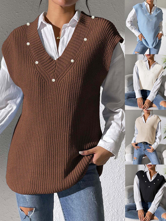 Chaleco Tejido con Perlas en Escote V - Elegancia Minimalista - Image 29