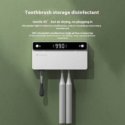 Black wall-mounted UVC toothbrush sterilizer with digital display, holding one manual and three electric toothbrushes. - Image 16