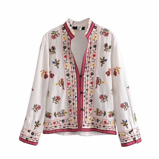 Camisa Étnica Casual con Cuello Mao y Bordado Artesanal