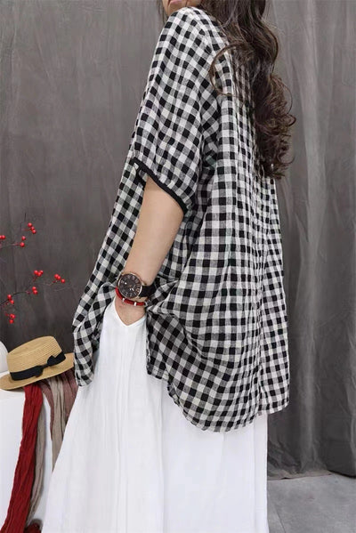 Camisa Cuadros Oversize Artística de Manga Tres Cuartos Estilo Vintage - Image 14