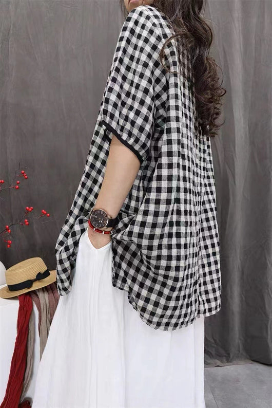 Camisa Cuadros Oversize Artística de Manga Tres Cuartos Estilo Vintage - Image 14