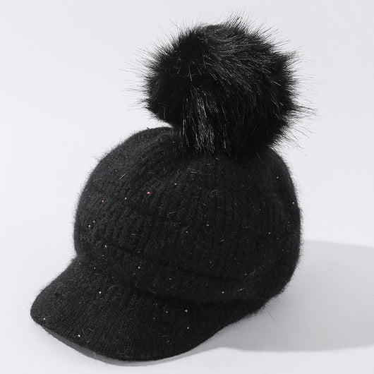 Gorro de Lana Cálido con Pompón de Pelaje de Conejo y Terciopelo - Image 12