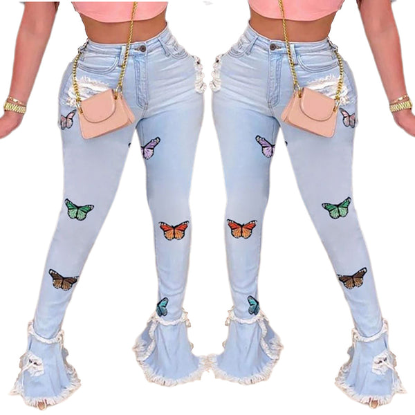 Pantalones Vaqueros Azules con Mariposas Bordadas y Detalles Rotos