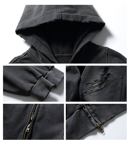 Sudadera con Capucha Retro Americana Desgastada de Color Sólido - Image 18