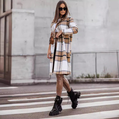 Abrigo de Lana Cuadrille Largo Cepillado Estilo Europeo y Americano para Otoño e Invierno - Image 3
