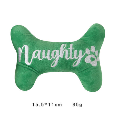 Green plush bone dog toy with "Naughty" embroidered in white, featuring a white paw print. - Image 7
