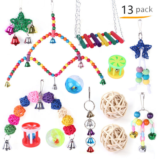 10-pack of colorful wooden and plastic bird toys, including swings, perches, and hanging bell toys for pet birds. - Image 20