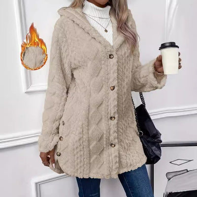 Abrigo Cardigan con Capucha y Botones - Chaqueta Larga de Invierno Color Sólido - Image 3