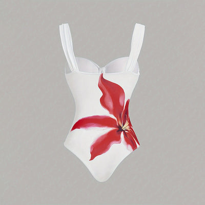 White one-piece swimsuit with red floral print and matching ruched sarong skirt for beach or resort wear. - Image 14