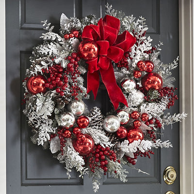 Corona Navideña Exterior con Efecto Nieve - Decoración Puerta Ratán Flocking
