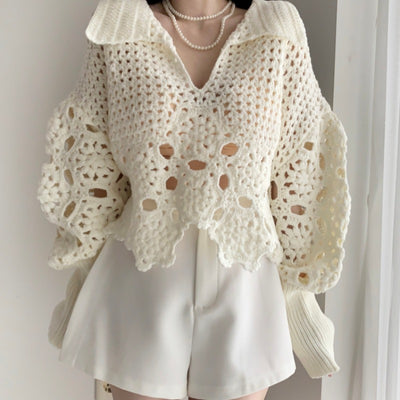 Suéter de Ganchillo Hueco con Mangas Abullonadas - Diseño Suelto y Nicho para Mujer - Image 5