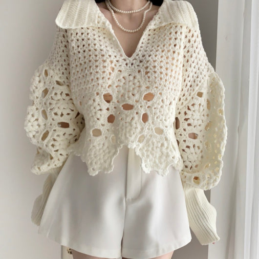 Suéter de Ganchillo Hueco con Mangas Abullonadas - Diseño Suelto y Nicho para Mujer - Image 5