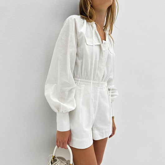 Jumpsuit Holgado de Algodón Slub Blanco para Mujer - Image 11