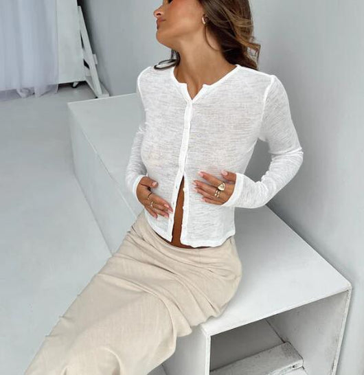 Cardigan Ajustado Ombliguero Cuello Redondo Manga Larga - Image 3