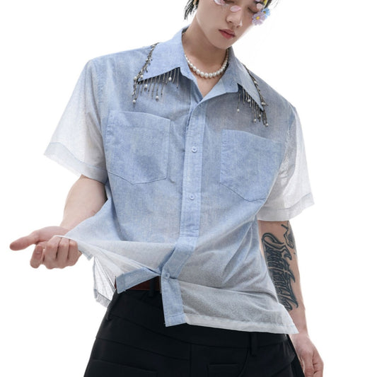 Camisa Manga Corta Hombre Degradado Azul y Blanco Oversize