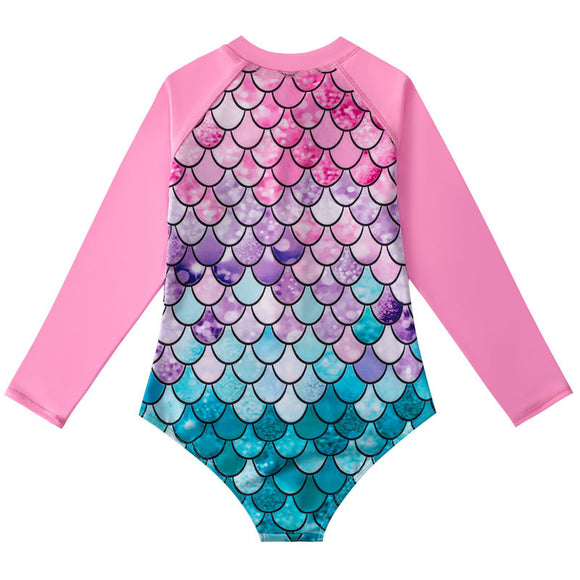 Traje de Baño Sirena Infantil de Manga Larga con Escamas
