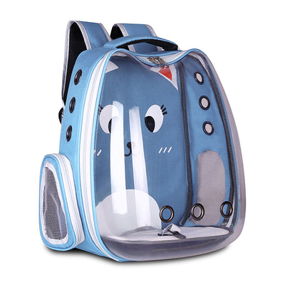 Light blue pet carrier backpack with a clear bubble window and a cartoon cat face design, featuring mesh sides. - Image 15