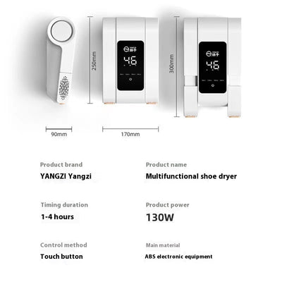 White household shoe dryer with retractable arms, digital display, and control knob, on a light wood floor. - Image 4